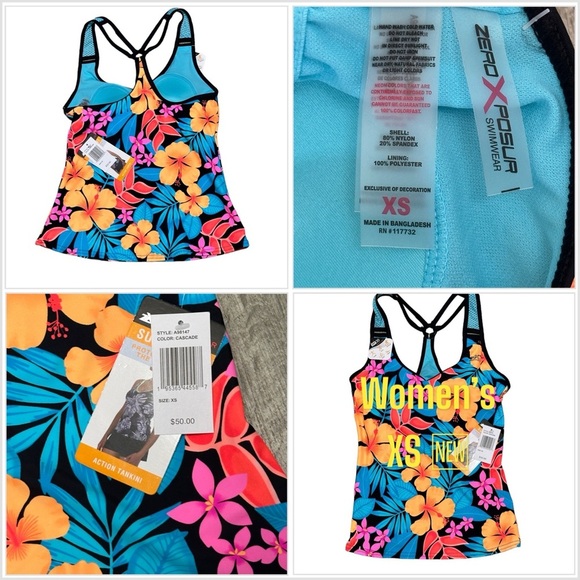 Women’s Zeroxposur XS Tankini Padded UPF Swim Swimwear Tank Top Teal Orange NWT - Picture 1 of 9
